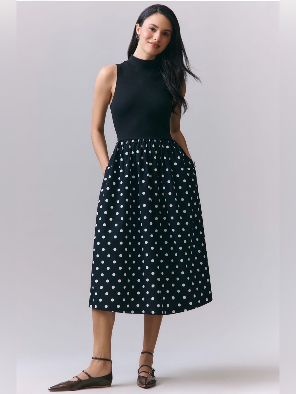 Anthropologie Maeve Sleeveless Twofer Midi Dress Black Polka Dot